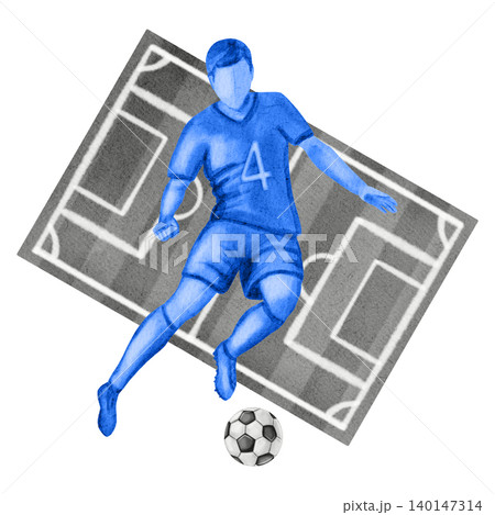 Watercolor illustration of a soccer player dribbling a ball against a soccer field. Dynamic sports action and movement, isolated on a white background. Soccer. Sport. Sports competition. 140147314