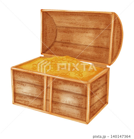 Watercolor illustration of an open wooden treasure chest full of gold coins. Antique pirate pirate trunk with gold. Marine adventure, wealth concept. Suitable for design, prints, postcards, sea travel 140147364