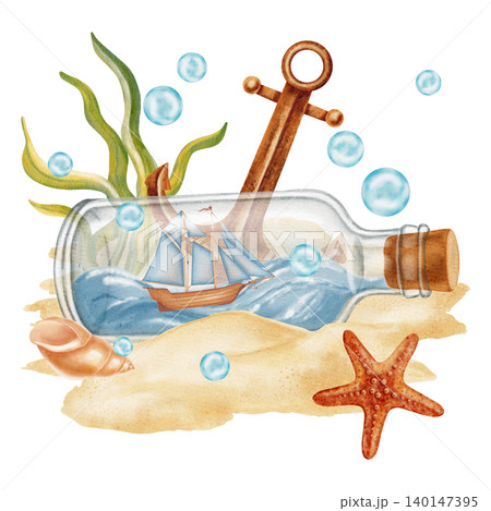 Watercolor illustration of marine compositions with ship in a bottle, treasure map, anchor, steering wheel. Bright illustrations, suitable for cheerful summer designs, textiles. Print for children's 140147395