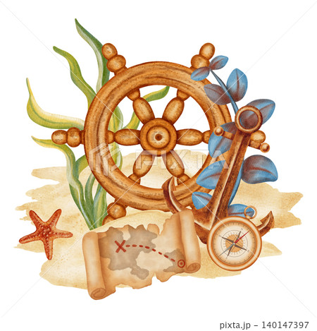 Nautical watercolor composition with ship wheel, anchor, treasure map, compass and starfish on sand. Marine design. Summer ocean pattern for textile, wallpaper, fabric and interior design. 140147397
