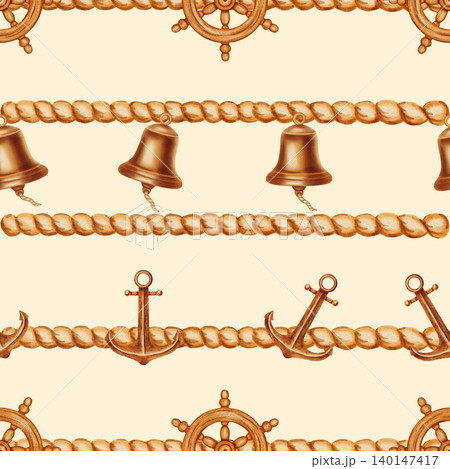 Nautical seamless pattern featuring watercolor ship bells, anchors, and wooden steering wheels connected by thick marine ropes. Children's, nautical, travel themes. Suitable for postcards, sea travel Nautical seamless pattern featuring watercolor ship bells, anchors, and wooden steering wheels connected by thick marine ropes. Children's, nautical, travel themes. Suitable for postcards, sea travel 140147417