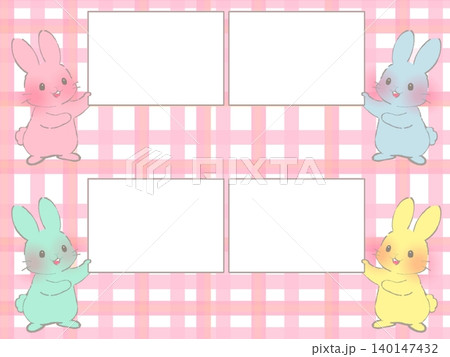 うさぎの可愛いフレームセット ピンクのチェック柄 背景 140147432