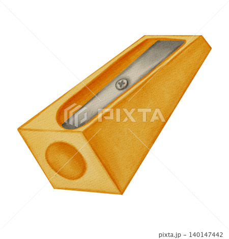 Watercolor illustration manual plastic pencil sharpener. Stationery element for sharpening pencils. Perfect for educational banners, fall posters, back to school promotions, textbooks Watercolor illustration manual plastic pencil sharpener. Stationery element for sharpening pencils. Perfect for educational banners, fall posters, back to school promotions, textbooks 140147442