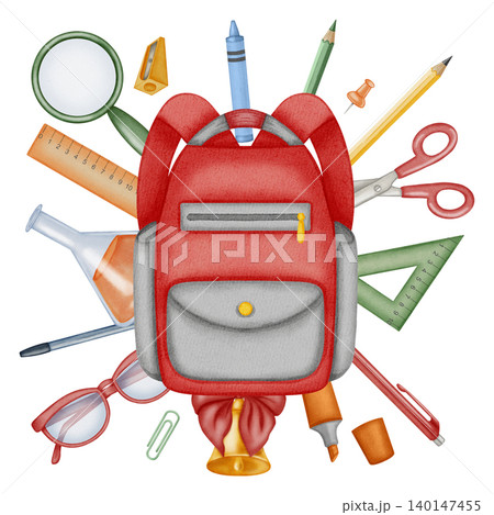 Watercolor illustration school backpack surrounded by flying stationery items, books, flask, a golden bell. Traditional symbol of the first of September, knowledge day, back to school season 140147455