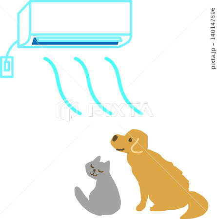 クーラーで涼む犬と猫のイラスト クーラーで涼む犬と猫のイラスト 140147596