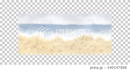 Landscape with calm blue sea and sandy beach watercolor illustration isolated. Hand drawn minimalist marine drawing perfect for summer vacation designs, travel themes and seaside decor. Landscape with calm blue sea and sandy beach watercolor illustration isolated. Hand drawn minimalist marine drawing perfect for summer vacation designs, travel themes and seaside decor. 140147898