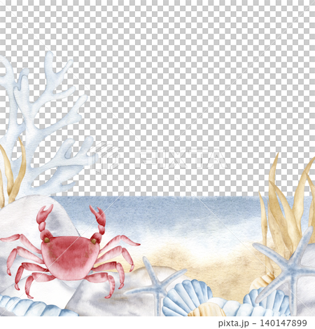 Watercolor square frame with cute red crab, starfish, shells, and coral on sandy beach. Hand drawn nautical border for summer vacation invitations, greeting cards and beach-themed party designs. Watercolor square frame with cute red crab, starfish, shells, and coral on sandy beach. Hand drawn nautical border for summer vacation invitations, greeting cards and beach-themed party designs. 140147899
