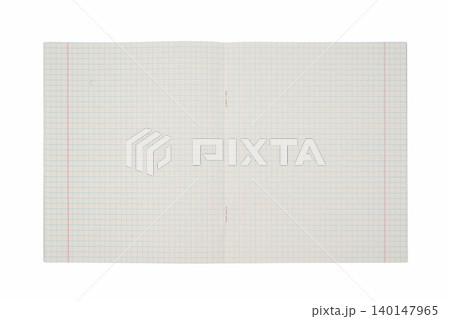 top view of an opened school notebook in a cage on an isolated white background 140147965