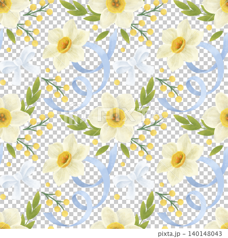 Seamless pattern. Daffodil flowers, green and yellow twigs, leaves, blue bows, ribbons. In a flat style. Watercolor, pastel, gouache. Design element for products, prints, textiles, wallpapers printing Seamless pattern. Daffodil flowers, green and yellow twigs, leaves, blue bows, ribbons. In a flat style. Watercolor, pastel, gouache. Design element for products, prints, textiles, wallpapers printing 140148043