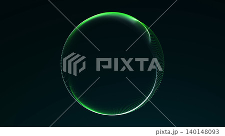 Green neon data orb with curved line structure on a black background, futuristic network sphere with digital depth and cyber technology mood. 140148093