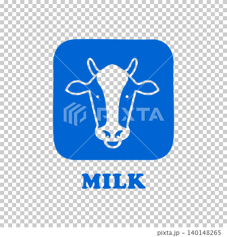 MILK icon with blue square text featuring a cow. MILK icon with blue square text featuring a cow. 140148265