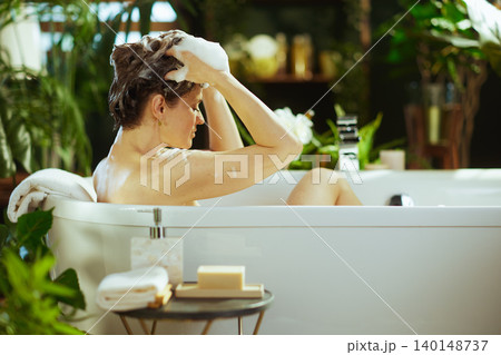 Peaceful Hair Care Routine in a Bright Bathtub 140148737