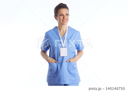 Relaxed Female Healthcare Provider in Blue Scrubs 140148750