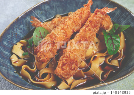 Udon noodles with shrimp in tempura, Japanese cuisine, homemade, no people, 140148933