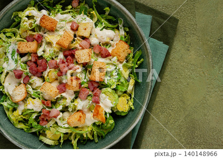 Brussels sprouts Caesar salad, with bacon and croutons, healthy food, homemade, no people, Brussels sprouts Caesar salad, with bacon and croutons, healthy food, homemade, no people, 140148966