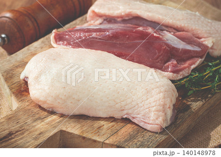 Fresh raw duck breast, on a wooden chopping board, top view, no people, Fresh raw duck breast, on a wooden chopping board, top view, no people, 140148978