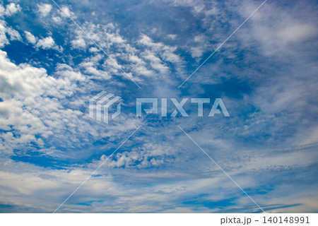 Beautiful Blue Sky with Fluffy White Clouds on a Sunny Day Perfect for Nature Backgrounds Weather Forecast Layouts and Atmospheric Concept Designs. 140148991