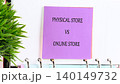A colorful note highlights the differences between physical stores and online stores. The lush green plant adds a fresh touch to the workspace, inviting creative thought 140149732
