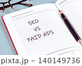 In a cozy workspace, a notepad displays the comparison of SEO and paid ads. A stylish pen rests beside it, highlighting the importance of marketing techniques 140149736