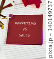 A vibrant workspace showcases a red sticky note with bold letters stating marketing versus sales, accompanied by glasses and delicate rose petals, symbolizing collaboration 140149737