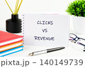A notebook displays the words Clicks vs Revenue surrounded by colorful notebooks, a pen, glasses, and a plant. This scene highlights key concepts in digital marketing 140149739