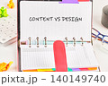 A planner opened to reveal colorful tabs and notes about the relationship between content and design, illustrating the importance of balance in creative projects 140149740