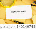 A focused scene unveils a card reading money vs loss amidst envelopes and tools, inviting deep reflection on financial decisions and outcomes 140149743