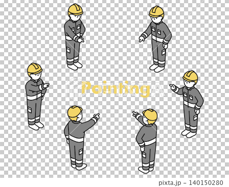 等距插圖:一名戴著安全帽的工人指向各個方向。 等距插圖:一名戴著安全帽的工人指向各個方向。 140150280