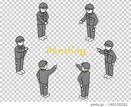 アイソメトリックイラスト:いろんな方向を指さすヘルメットを男性作業員 アイソメトリックイラスト:いろんな方向を指さすヘルメットを男性作業員 140150281