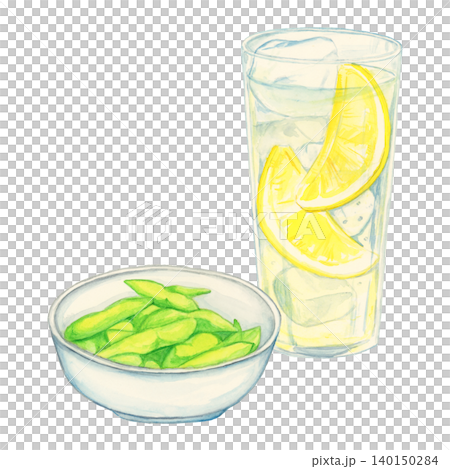 手繪水彩插圖，描繪了檸檬酸豆和毛豆。 140150284