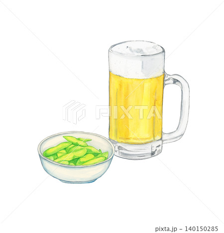 ジョッキビールと枝豆の手描き水彩イラスト 140150285