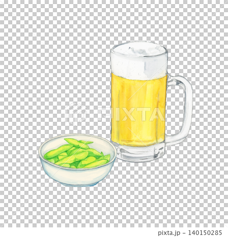 手繪水彩插圖,描繪了啤酒杯和毛豆。 手繪水彩插圖,描繪了啤酒杯和毛豆。 140150285
