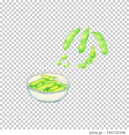 一組手繪水彩插圖，描繪了一小碟毛豆，包括豆莢和豆子。 140150286
