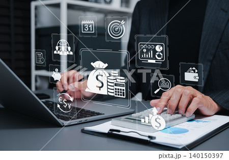 Financial management and business accounting analytics concept. Businessman using calculator and laptop to analyze budget planning, fund investment wealth, profit analytics and taxes. business finance 140150397
