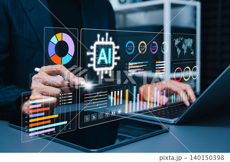AI Data Analytics Dashboard and Business Intelligence Concept. Businessman using laptop with virtual charts, KPI metrics, graphs, world map, and data visualization interface for smart decision making. AI Data Analytics Dashboard and Business Intelligence Concept. Businessman using laptop with virtual charts, KPI metrics, graphs, world map, and data visualization interface for smart decision making. 140150398