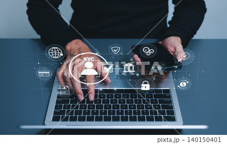 KYC or Know Your Customer Identity Verification and Digital Banking Compliance concept. secure customer onboarding process, document checks, data privacy, fintech security, account approval, E-KYC, 140150401