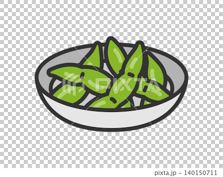 An illustration of edamame (green soybeans) in a dish (line drawing, color). 140150711
