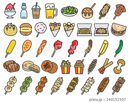 屋台グルメアイコン(線画カラー)のイラスト40個セット 屋台グルメアイコン(線画カラー)のイラスト40個セット 140151507