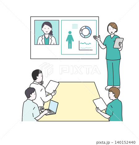 モニターのデータを用いてオンライン会議やカンファレンスを行う医療従事者のイメージイラスト モニターのデータを用いてオンライン会議やカンファレンスを行う医療従事者のイメージイラスト 140152440