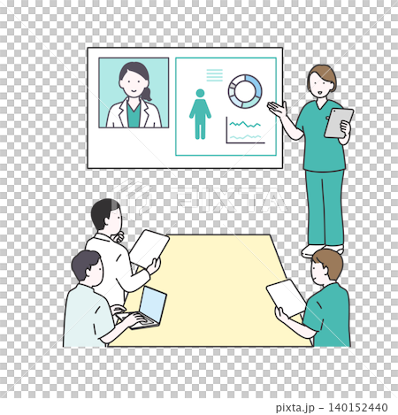 An illustration depicting healthcare workers conducting online meetings and conferences using monitor data. An illustration depicting healthcare workers conducting online meetings and conferences using monitor data. 140152440