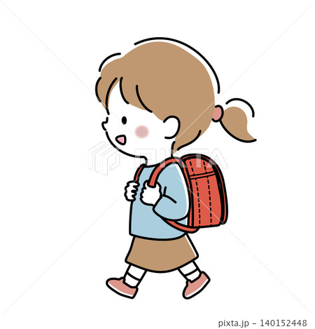 赤いランドセルを背負った小学1年生の女の子のベクターイラスト 140152448