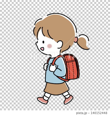 赤いランドセルを背負った小学1年生の女の子のベクターイラスト 140152448