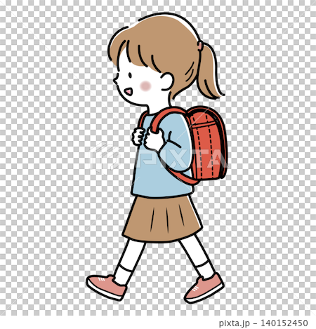 一位背著紅色書包的小學生女孩的向量插圖。 一位背著紅色書包的小學生女孩的向量插圖。 140152450