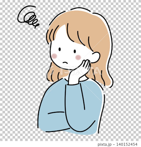 Vector illustration of a woman with her hand on her cheek, looking troubled. Vector illustration of a woman with her hand on her cheek, looking troubled. 140152454