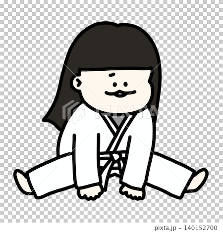 A stiff girl struggling with leg-splitting stretches, wearing a martial arts uniform and white belt, with a transparent background. A stiff girl struggling with leg-splitting stretches, wearing a martial arts uniform and white belt, with a transparent background. 140152700