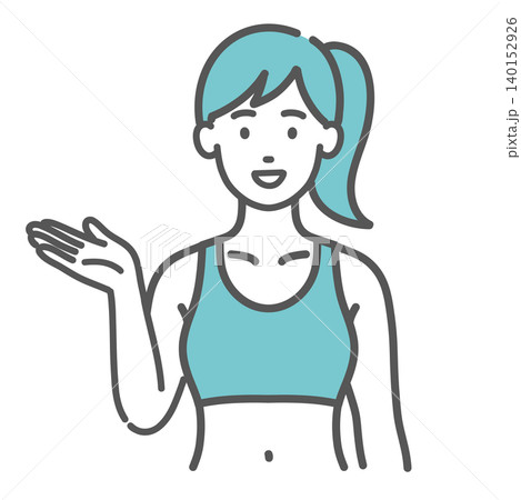 スポーツウェアを着た女性(インストラクター・トレーナー)の案内・紹介ポーズのイラスト スポーツウェアを着た女性(インストラクター・トレーナー)の案内・紹介ポーズのイラスト 140152926