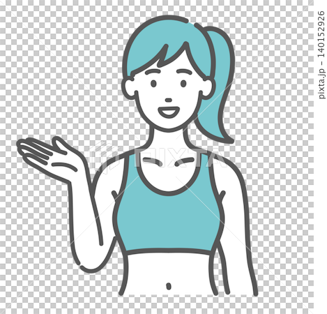 スポーツウェアを着た女性(インストラクター・トレーナー)の案内・紹介ポーズのイラスト スポーツウェアを着た女性(インストラクター・トレーナー)の案内・紹介ポーズのイラスト 140152926