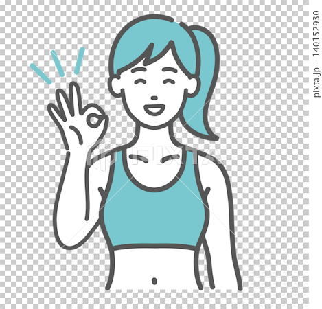 スポーツウェアを着た女性(インストラクター・トレーナー)のOKポーズのイラスト スポーツウェアを着た女性(インストラクター・トレーナー)のOKポーズのイラスト 140152930