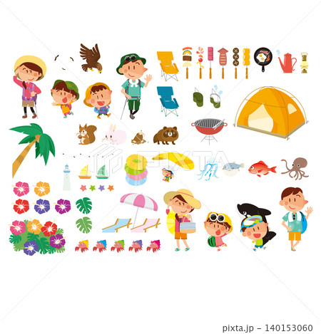 夏休みを楽しむ家族のイラストセット(切り抜き用) 夏休みを楽しむ家族のイラストセット(切り抜き用) 140153060
