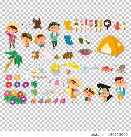 A set of illustrations of families enjoying their summer vacation (for cutting out). A set of illustrations of families enjoying their summer vacation (for cutting out). 140153060